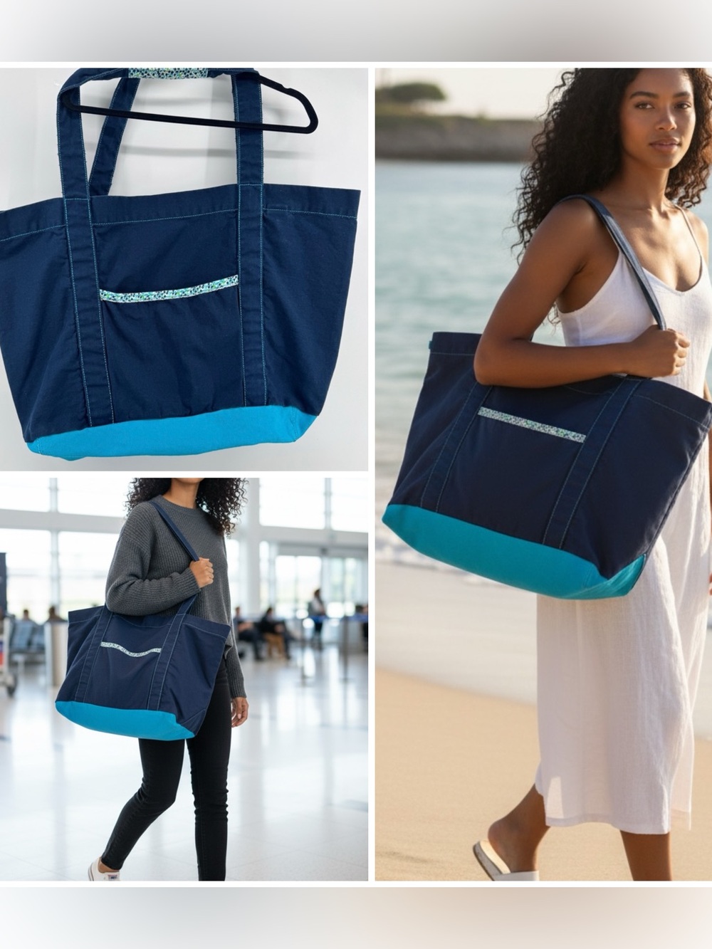 Thirty One Large Navy & Teal Canvas Oversized Tote Bag Travel, Vacation, Beach
